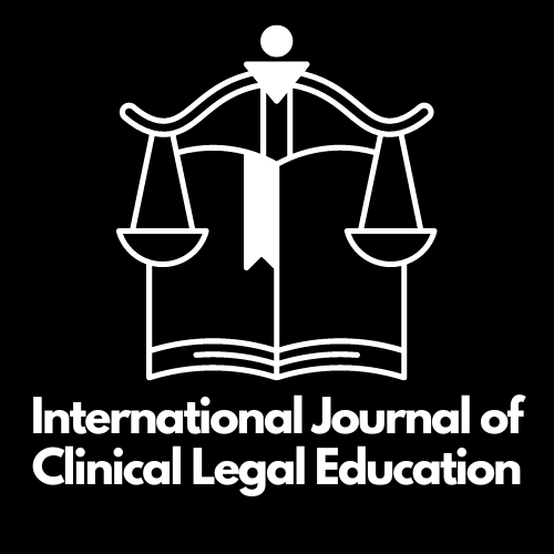 White text on a black background saying "International journal of clinical legal education There is a white logo of  a scales on top of an open book.