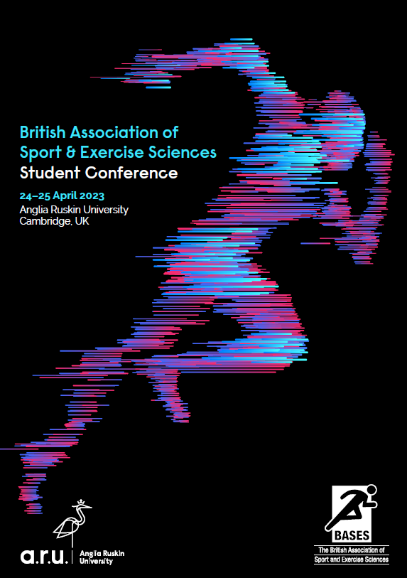 A graphic image showing a person mid-sprint. The colours are blue, purple and red. The text reads "British Association of Sport and Exercise Sciences Student Conference, 24-25th April 2023, Anglia Ruskin University, Cambridge UK"