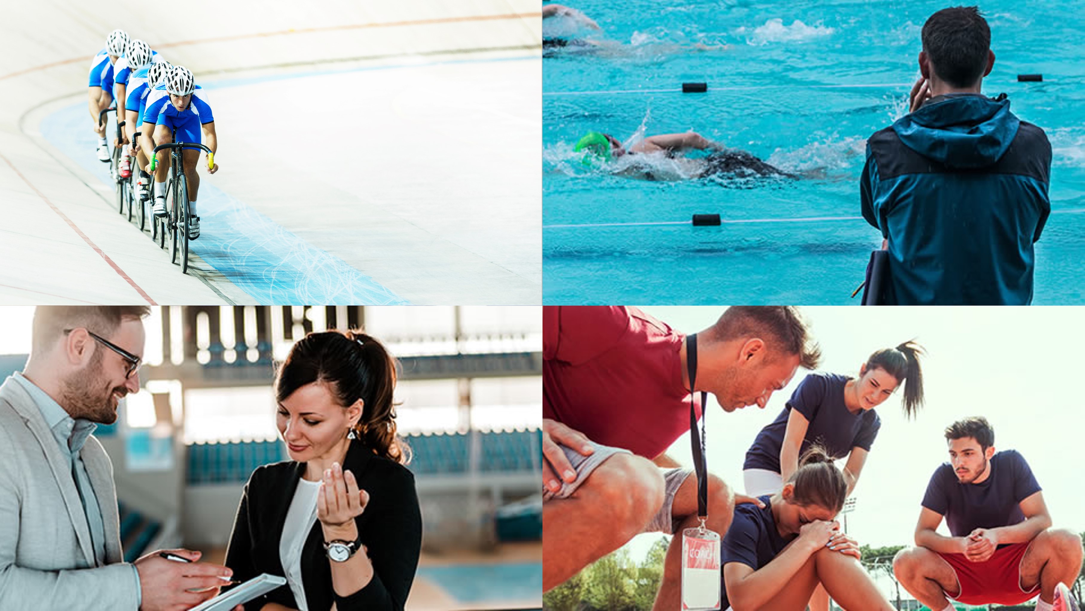 A 4 panel image showing different photos of sports and sports science related activities. There are people cycling, swimming, discussing and coaching after a tough race.