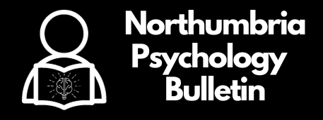 Black background with white text saying "Northumbria Psychology Bulletin". There is a generic person shape reading an open book with a brain on it.