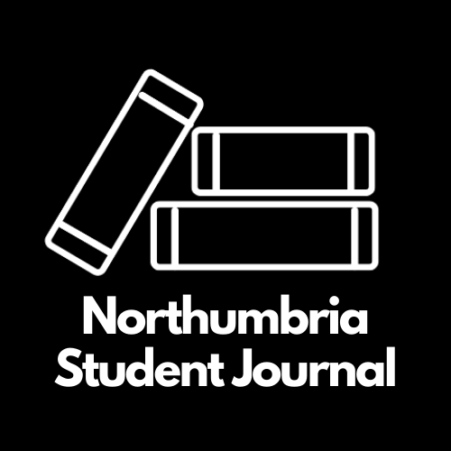 White text on a black background saying "Northumbria Student Journal". There is a white logo of a line drawing of 3 books to the top of the text.