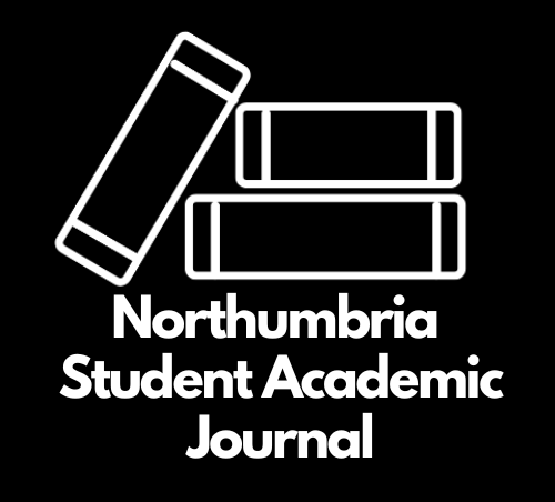 White text on a black background saying "Northumbria Student Journal". There is a white logo of a line drawing of 3 books to the top of the text.