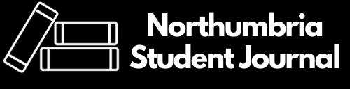 White text on a black background saying "Northumbria Student Journal". There is a white logo of a line drawing of 3 books to the left of the text.
