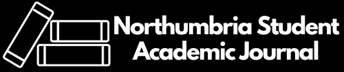 White text on a black background saying "Northumbria Student Academic Journal". There is a white logo of a line drawing of 3 books to the left of the text.
