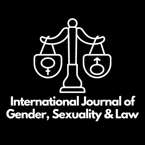 White text on a black background saying "International journal of gender, sexuality and law". There is a white logo of a sales with "male" and "female" symbols on each side.