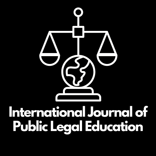 White text on a black background saying "International journal of public legal education". There is a white logo of an earth sitting in the middle of some scales.