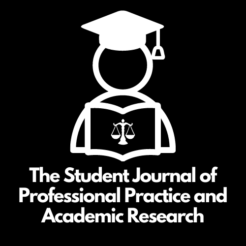 White text on a black background saying "The student journal of professional practive and academic research". There is a white logo of a cartoon person in a mortarboard hat reading a book with a law symbol on.