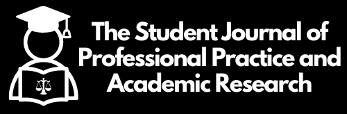 White text on a black background saying "The student journal of professional practive and academic research". There is a white logo of a cartoon person in a mortarboard hat reading a book with a law symbol on.