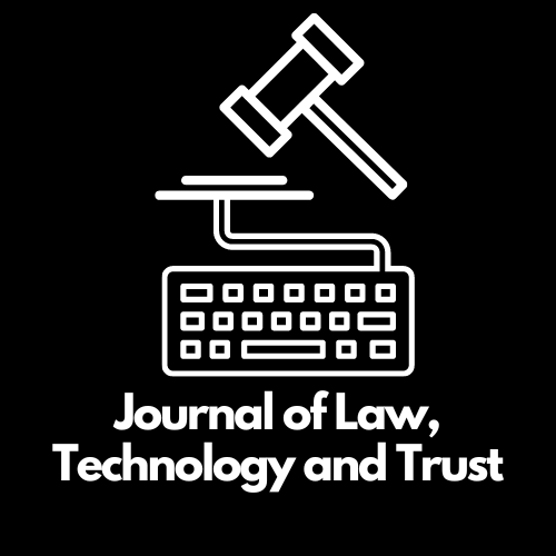 White text on a black background saying "Journal of Law, Technology and Trust". There is a white logo of a gavel above a computer keyboard.